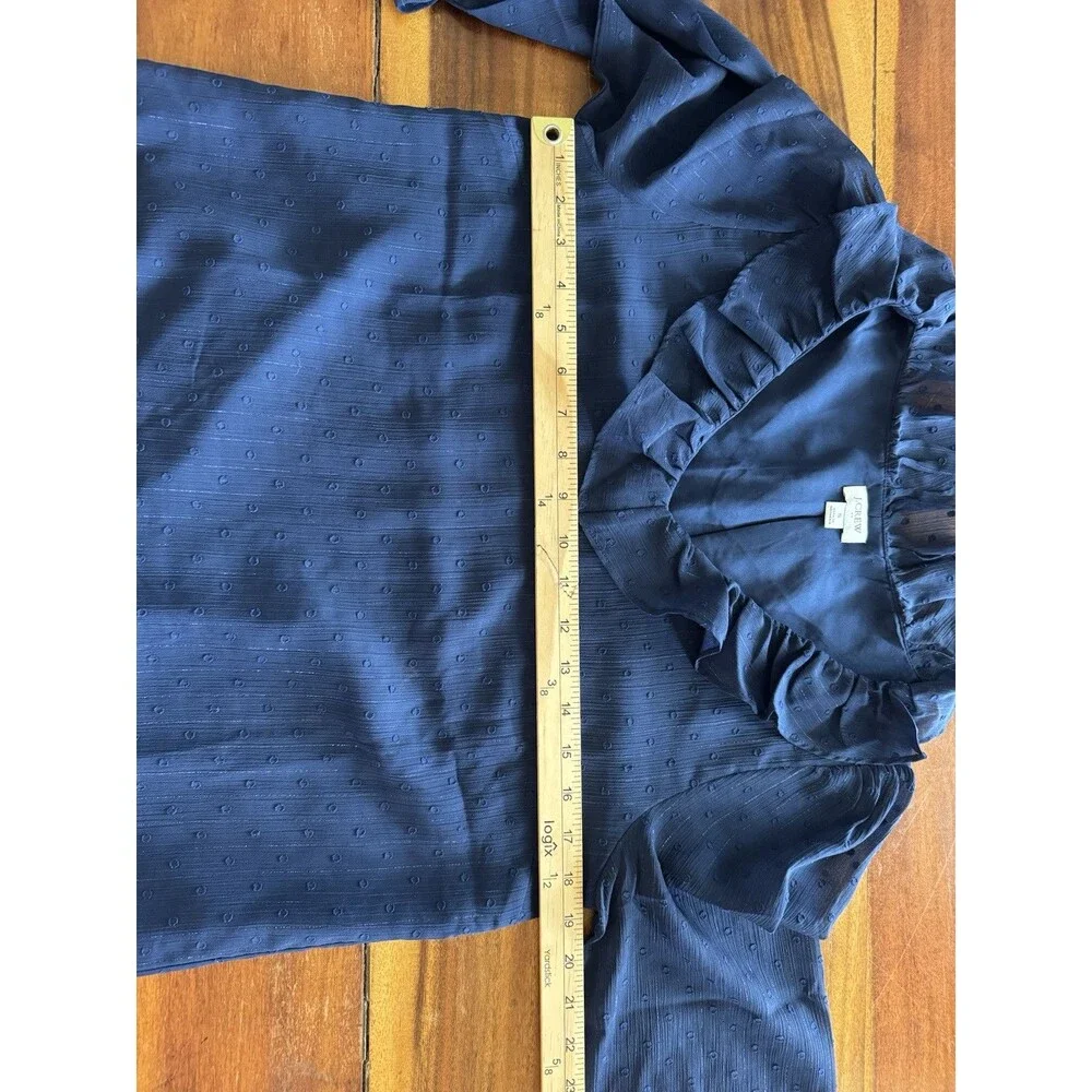 J. CREW V-neck shimmery clip-dot Navy Blue  Lined ruffleneck top Small